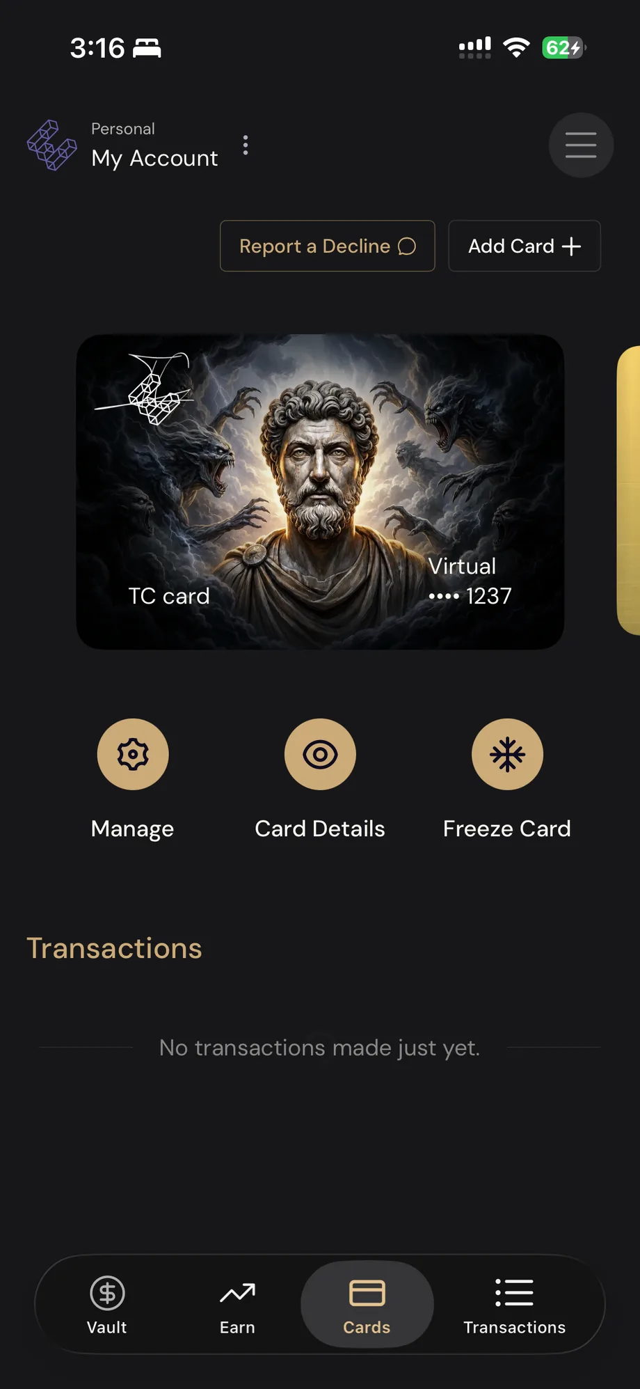 ether.fi Cash App 中顯示 Terry Chen TC 聯名虛擬卡與卡片管理功能
