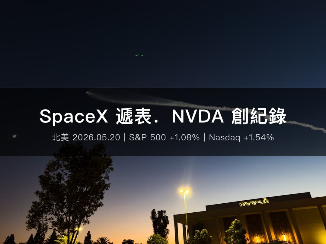 火箭升空象徵 SpaceX IPO 與美股科技板塊強勢反彈,2026 年 5 月 20 日每日美股摘要